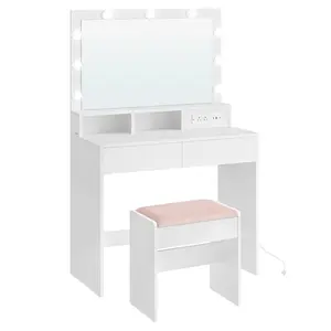 VASAGLE Vanity Desk with Power Outlets, Makeup Vanity with Mirror and Lights, with Upholstered Vanity Stool, 9 Dimmable LED Lights, 2 Compartments, 2 Drawers, for Bedroom