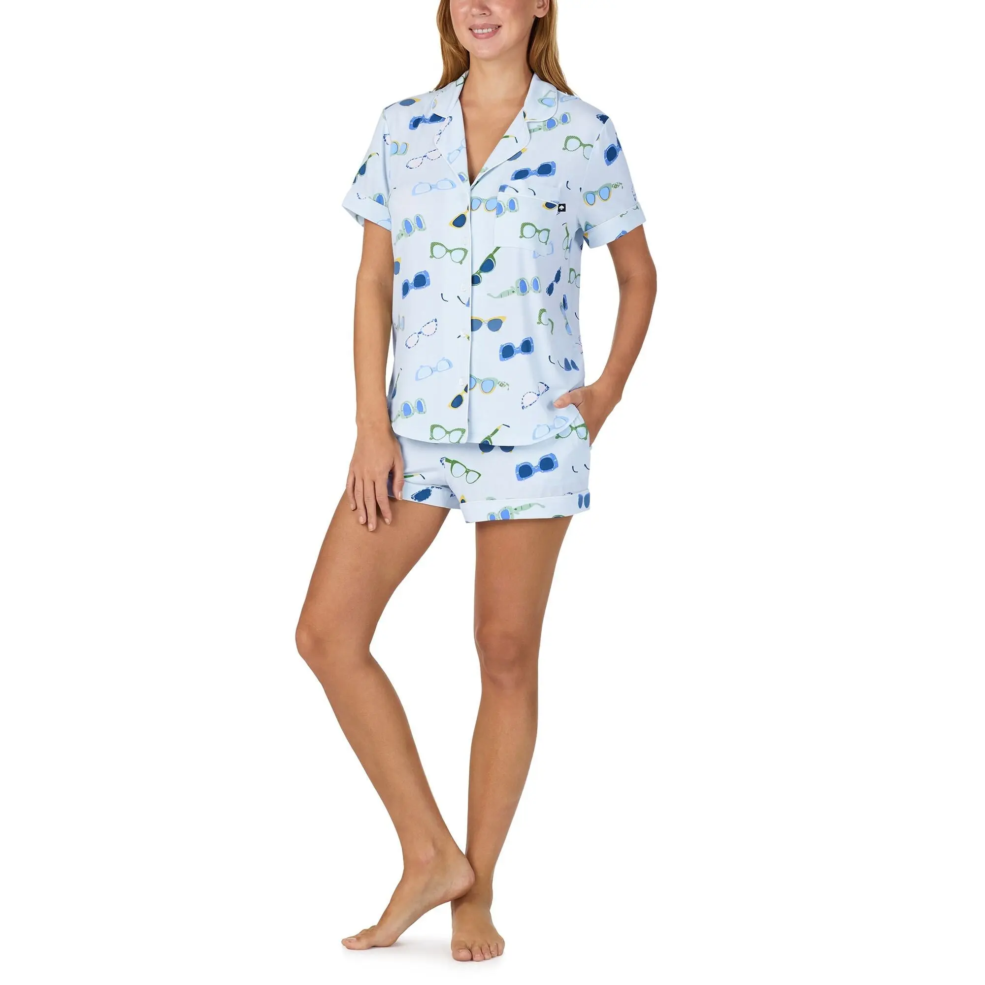 Women's Modal Jersey Short Set, 2-Piece Notch Collar Nightwear with Contrast Piping and Elastic Waist Pockets, Pajama Set, Style, Cute Pajamas, Comfy Sets