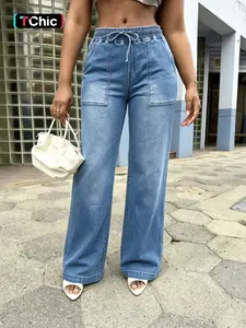Women's Fashion Comfortable Versatile Drawstring Elastic Waist Wide-Leg Jeans, Casual Long Ankle-Length Pants for All Seasons