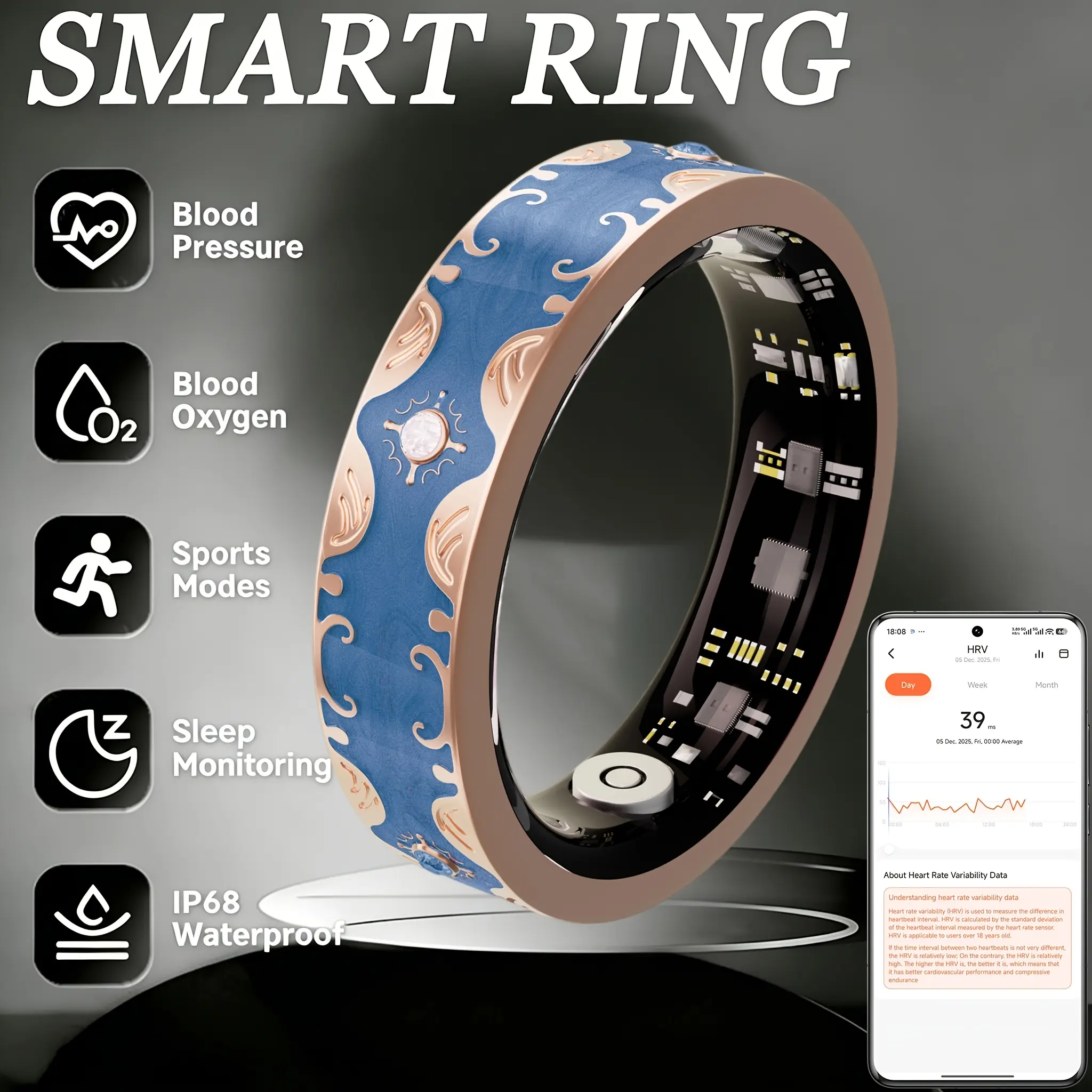 Women's Smart Ring - IP68 Stress & Mood Monitor, 24/7 Health Sleep & Activity Tracker, Gesture Control Photos, Strava Sync, No Subscription, iOS & Android Compatible, Gifts for Her