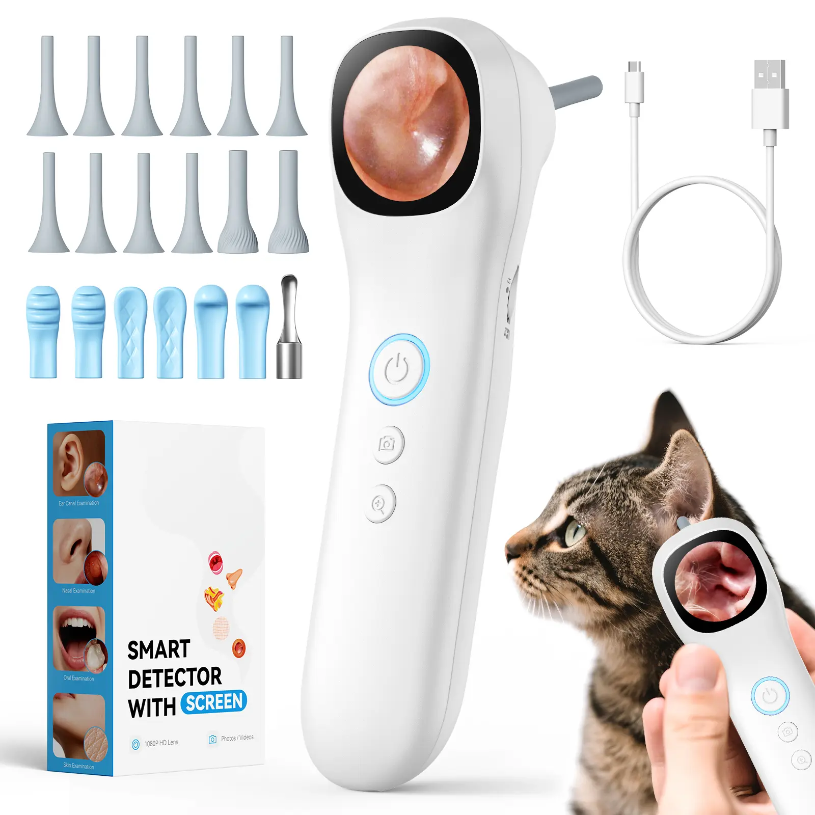 5-in-1 Smart Otoscope with IPS Screen, 1080P HD Camera, 4 LED Lights, Professional Ear Wax Removal Tool for Home Observation of Ear, Nose, Skin, Mouth, Batteries Included (Suitable for Adults & Kids) TikTok Shop Back to School