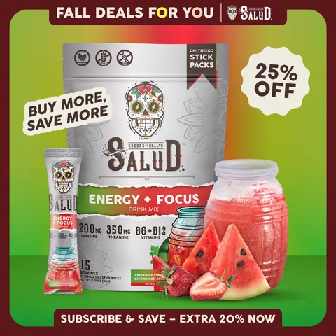 Salud 2-in-1 [Energy + Focus - Fresandía | Strawberry Watermelon] Clean Energy Drink Mix, Agua Fresca, Organic Caffeine, B6 & B12, L-Theanine, Drink Packets, Non-GMO, Gluten Free, Vegan, Low Calorie, 1g Sugar (15 Servings)