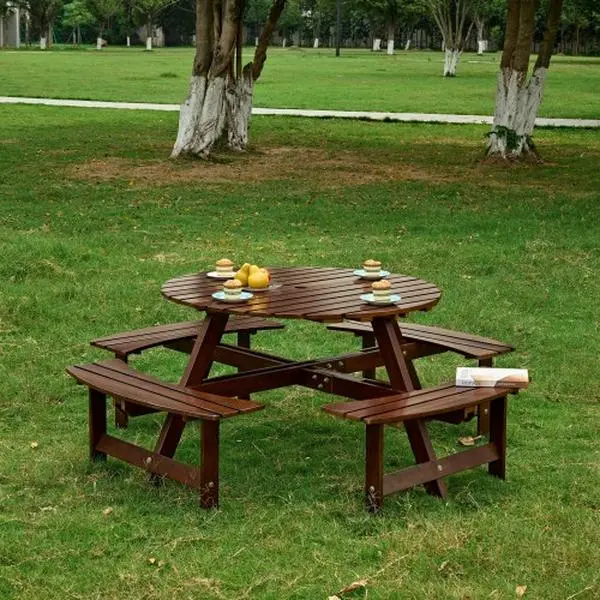 Outdoor 8-Person Picnic Table, 8-Person Round Picnic Table with 4 Built-in Benches, Umbrella Hole, Outdoor Table and Bench Set for Garden, Backyard, Porch, Patio, Brown