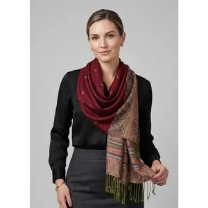Maroon Ethnic Design Tribal Border Reversible Bohemian Pashmina Shawl Scarf Stole Wrap