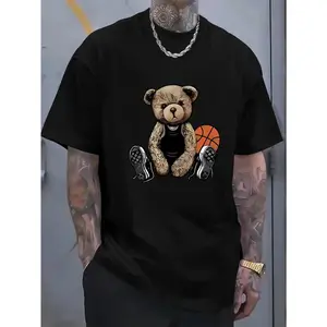 100% Cotton Men's Bear Graphic Print Short Sleeve Crew Neck T-shirt for Summer Outdoor