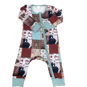 C baby boy clothes  baby western fashion cow newborn boy winter romper zipper sleep wear newborn  pjs