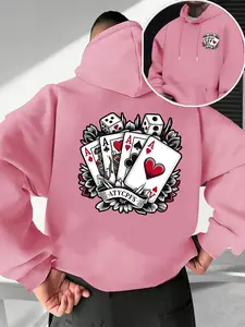 Men's Fall Winter Trendy Hoodie, Poker Dice Pattern Front Back Print, Casual Fitted Hooded Sweatshirt, Drawstring Pocket Design