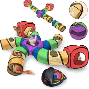 Tunnels for Indoor Cats - Large Customizable 5-Way Tunnel Tube System with Hanging Toys, Storage Bag, -Restant & Collapsible Play Center for Kittens, Small Dogs, & Rabbits