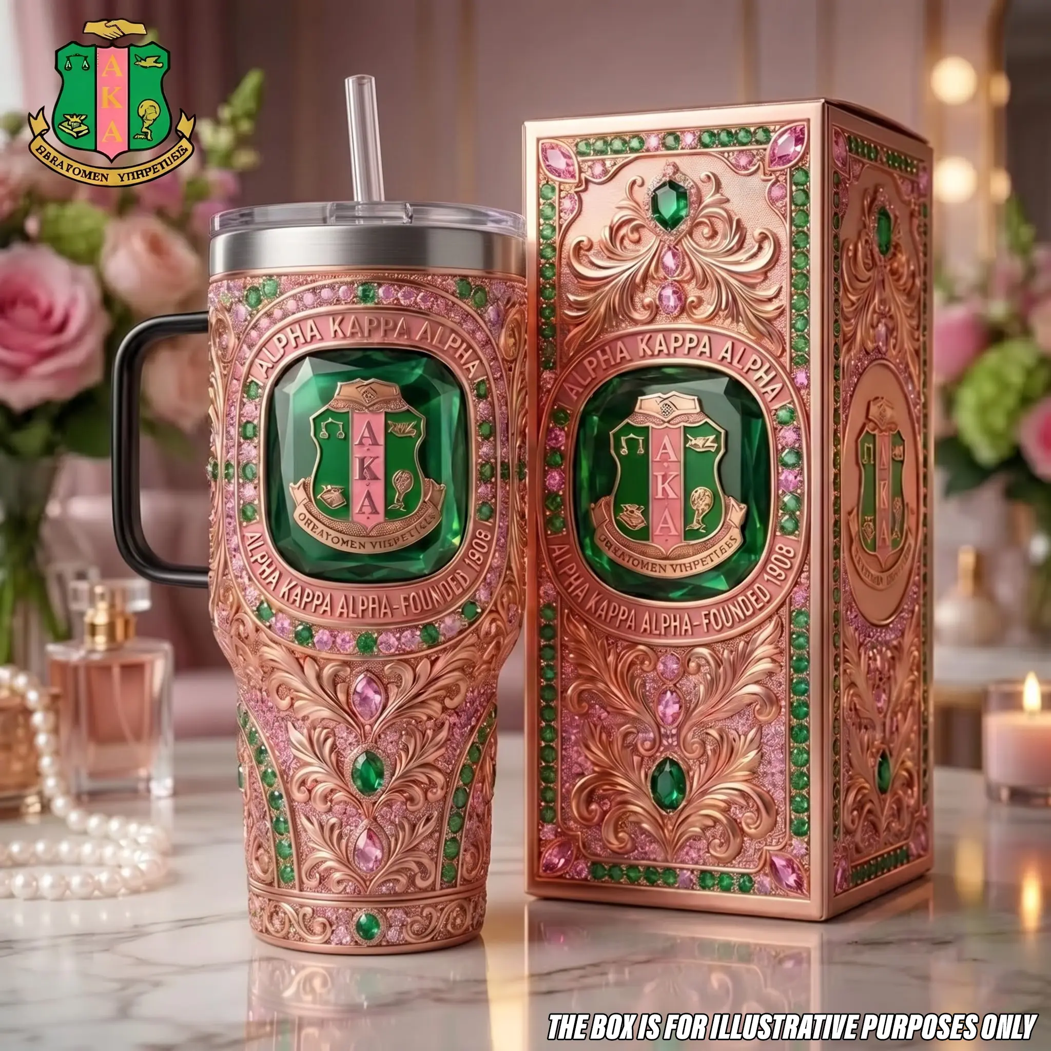 Alpha Kappa Alpha 40oz Tumbler with Handle, Heavy Duty Insulated Stainless Steel AKA Sorority Pink Green Crest Travel Mug Straw, Historical Black Sorority Sisterhood Gift, Founding 1908 Paraphernalia Water Bottle, Elegant Floral Steel Cup