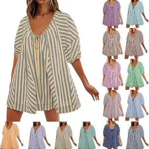 Women’s Summer Striped Puff-Sleeve Mini-Shorts Romper Dress, V-Neck Jumpsuit, Boho Beach Vacation Outfit — Striped Oversized Romper with Pockets, Casual Cotton Women’s Wear, Adjustable