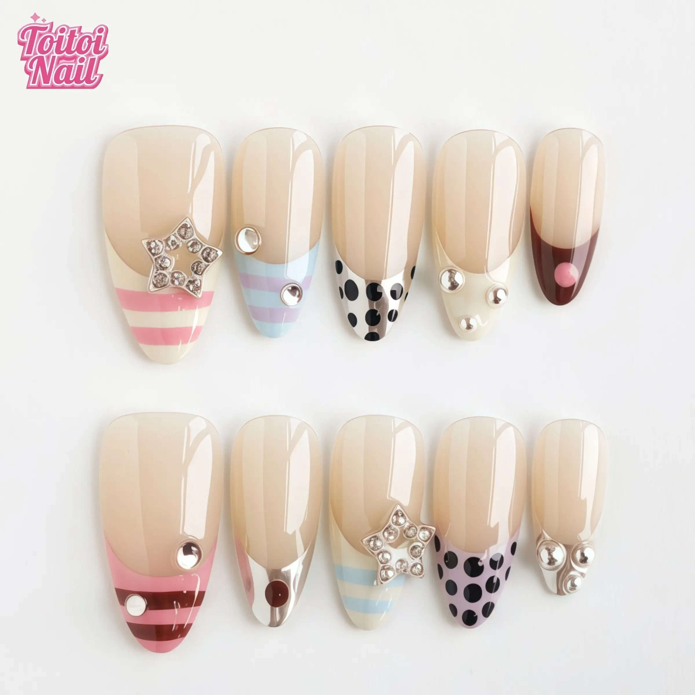 Sweet Mix Handmade Press-On Nails, Fake Nails, Nail Art Supplies | Medium Almond Shape, 10pcs | Sweet Mix Design, Rhinestone Decorated | Nude Beige Base & Silver Rhinestone & High Gloss Accents | Reusable DIY Nail Kit for Women | Trendy Nails for Spring