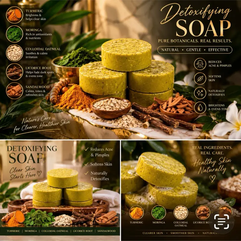 Pack of 2 Pieces Detox Soap Turmeric Moringa  Assossi Oatmeal  Licorice  Root Sandal Root dark  Spots  soften skin,lemon  Grass scent fade acne Reduce pimples