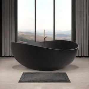 63" Freestanding Solid Surface Soaking Bathtub with Overflow in Black RX-S04-63MB