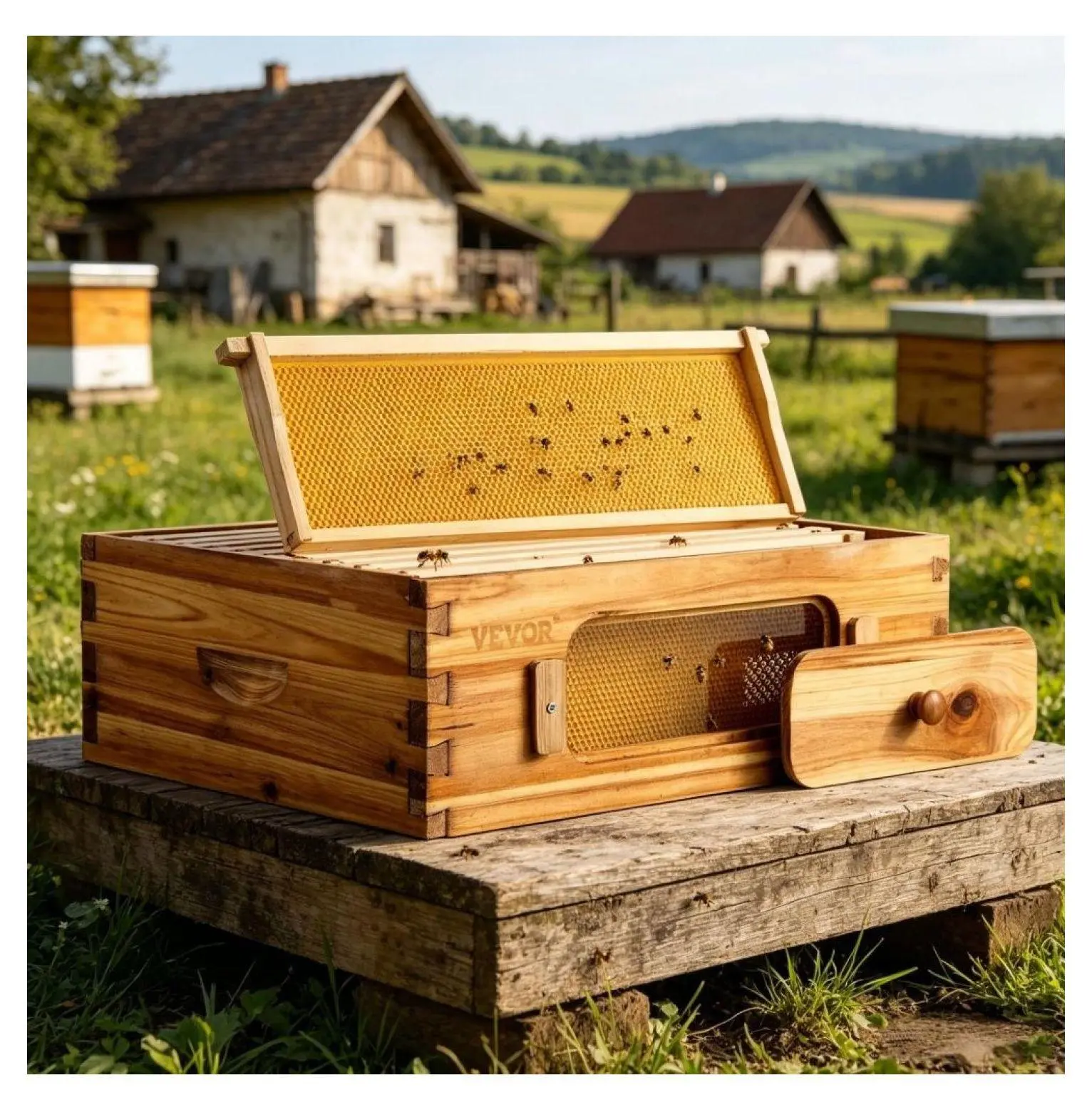 10-Frame Outdoor Fir Wood Beehive Kit for Beekeeping - Acrylic Transparent Windows, Weatherproof, Wax-Coated Frames, Easy Assembly, Integrated Ventilation Ports