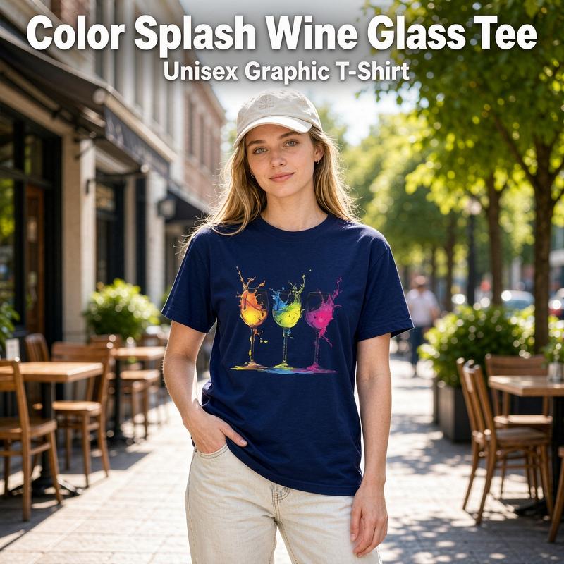 Women's Plus Size Casual Boho Short-Sleeve Crew Neck Oversized Pure Cotton Tshirt - Colorful Wine Glasses Graphic Funny Wine Lover Curvy Womenswear Top