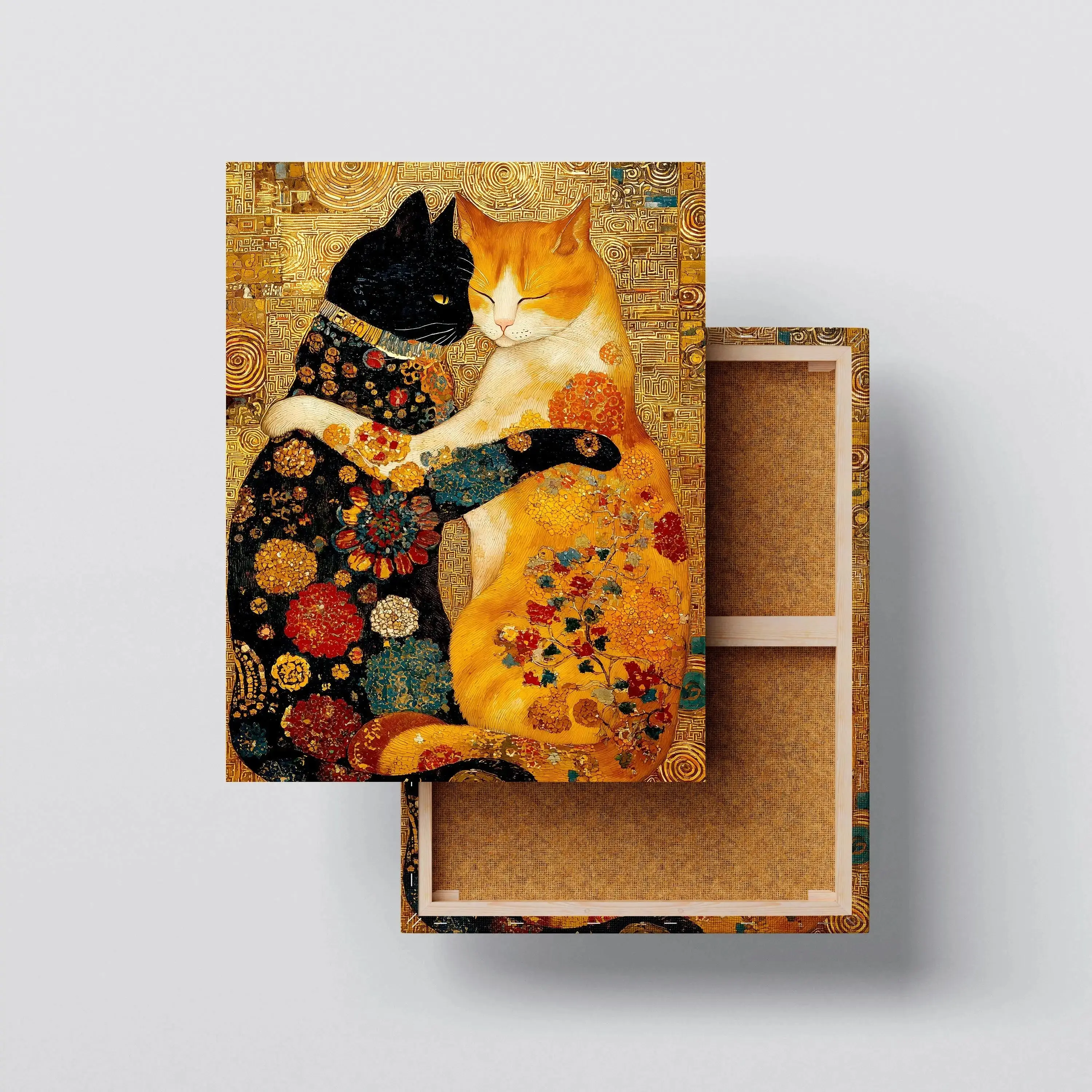 Golden Feline Embrace – Cat Wall Art Canvas