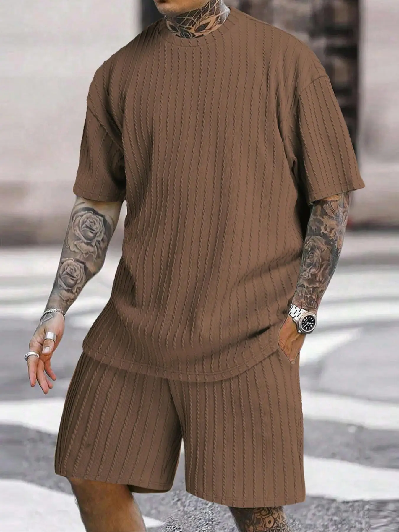 Men's Solid Textured Tee & Drawstring Shorts Set, Regular Fit Casual Short Sleeve T-shirt & Pocket Shorts, Dad Gift, Men's Summer Clothes Set for Dail