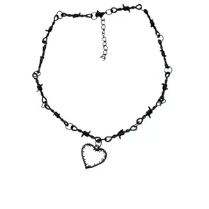 Barbed Wire Choker Necklace with Spikie Heart - 16 Inch