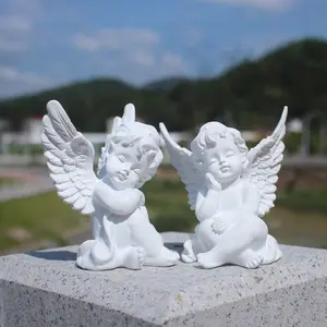 Owmell Set of 2 Cherubs Angels Resin Statue Figurine, Indoor Home Decoration, Adorable Angel Sculpture Memorial Statue 4" - White OwMell