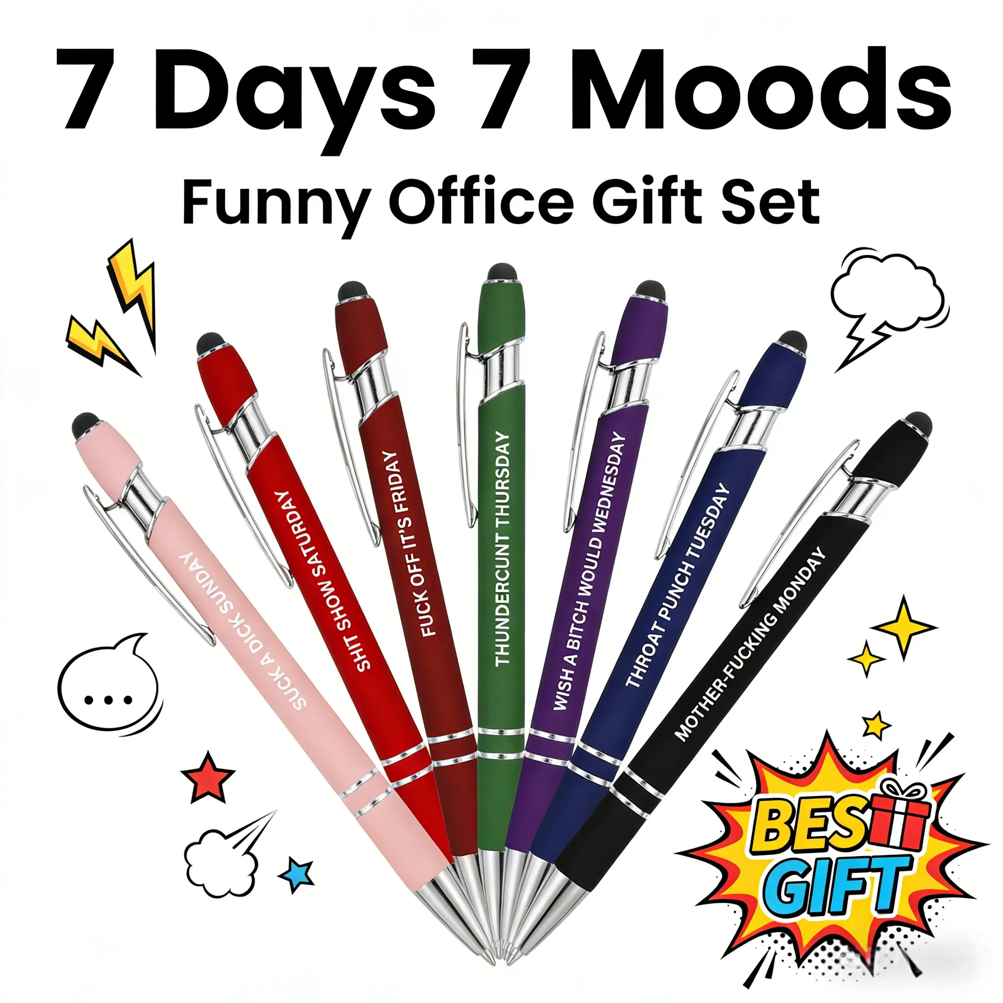 [Father's Day Gift] 7-Piece 2-in-1 Retractable Ballpoint & Touch Pens Set - Smooth-Writing Ballpen Set, Multi-Color, Unisex Satirical Daily Quote Design, Office Stationery & Party Bag Gift Supply