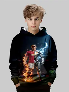 Fashion Boys' 3D Football Player Print Pullover, Casual Fitted Sweatshirt for Fall & Winter, Daily Outdoor Wear, Graphic Team Hoodie