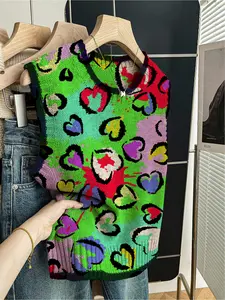 1 piece + Spring and summer back-to-school casual style loose round-neck sleeveless woolen knitted top with dark blue border and heart-shaped print, a spring girls' knitted top for going out, paired with a vest, worn alone, Casual Cami Top