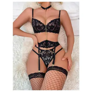 5 Piece Lingerie Set Floral Lace Cut Out Teddy Babydoll Bodysuits with Garter BeltGift