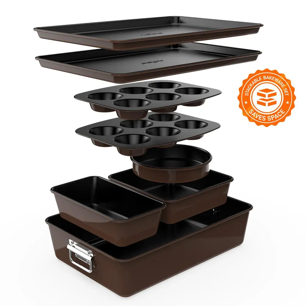 8-Piece Nonstick Carbon Steel Bakeware Set - Kitchen Stackable Space-Saving Oven-Safe Set with Cake, Square, Lasagna Pans, Round Pastry Tray, Baking Sheets for Sweet Treats, Food Prep, Dishwasher Safe