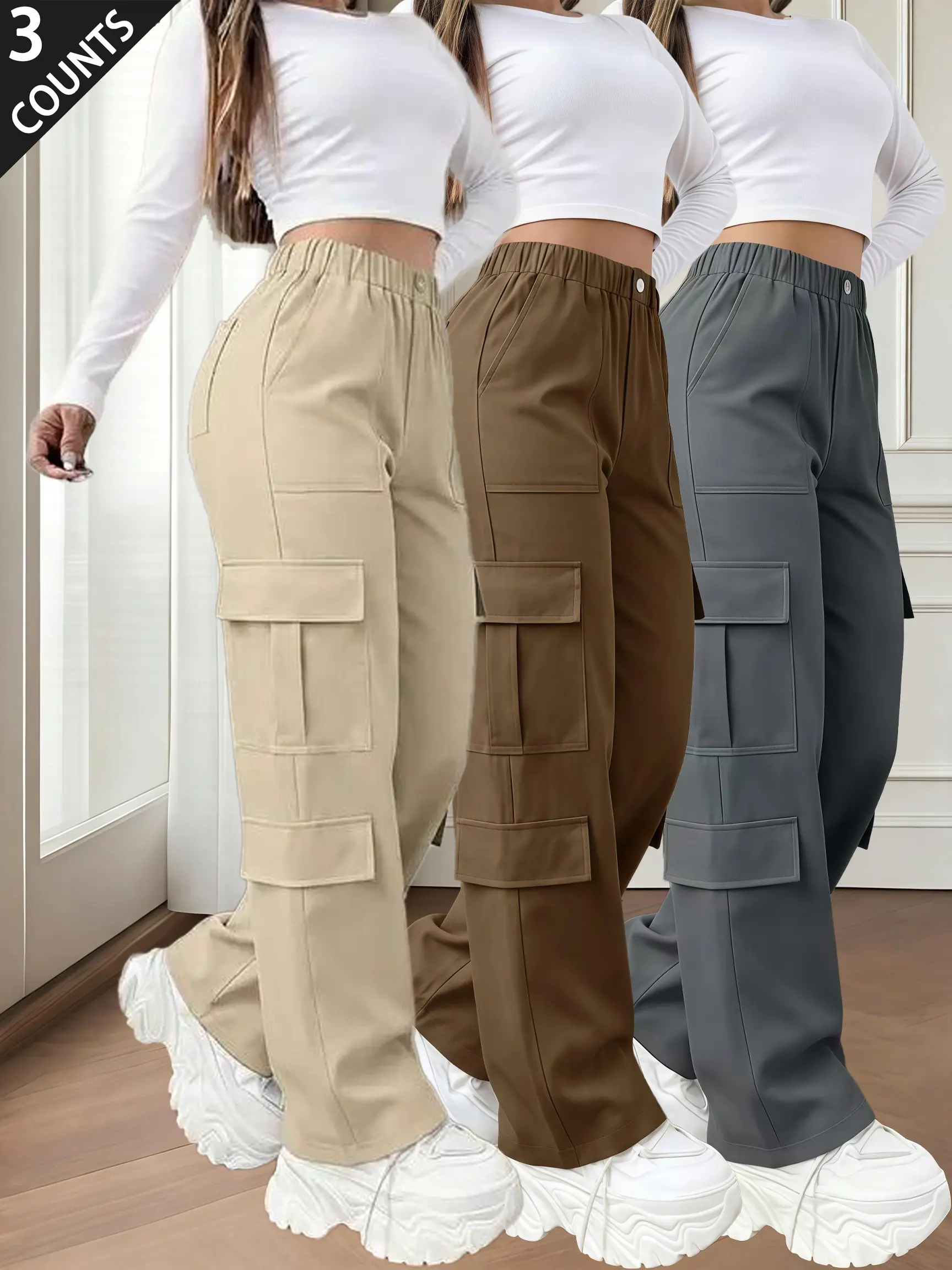 3-pack high-waisted cargo straight pants for women, semi-elastic waistband, multi-layer design with side pockets, metal button front, drapey wide-leg floor-length pants; retro style that conceals curves and flatters figure, European/American hot-girl vibe