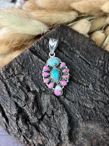 Handmade Sterling Silver White Water Turquoise with Cotton Candy Pendant "Signed Nizhoni"