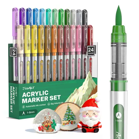 JusArt 18/24-Color Flexible Tip Waterproof Acrylic Drawing Markers Set - Study Stationery Gift Set for Art Enthusiasts, Boxed Colorful Markers & Stylized Writing Highlighters for Office, Sketchbook