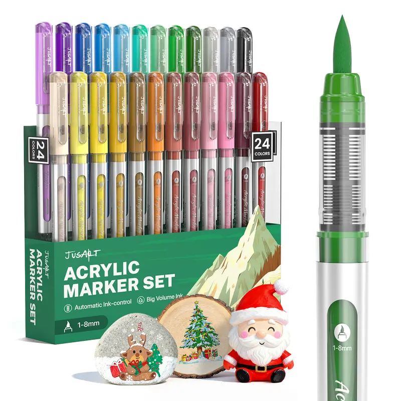 JusArt 18/24-Color Flexible Tip Waterproof Acrylic Drawing Markers Set - Study Stationery Gift Set for Art Enthusiasts, Boxed Colorful Markers & Stylized Writing Highlighters for Office, Sketchbook