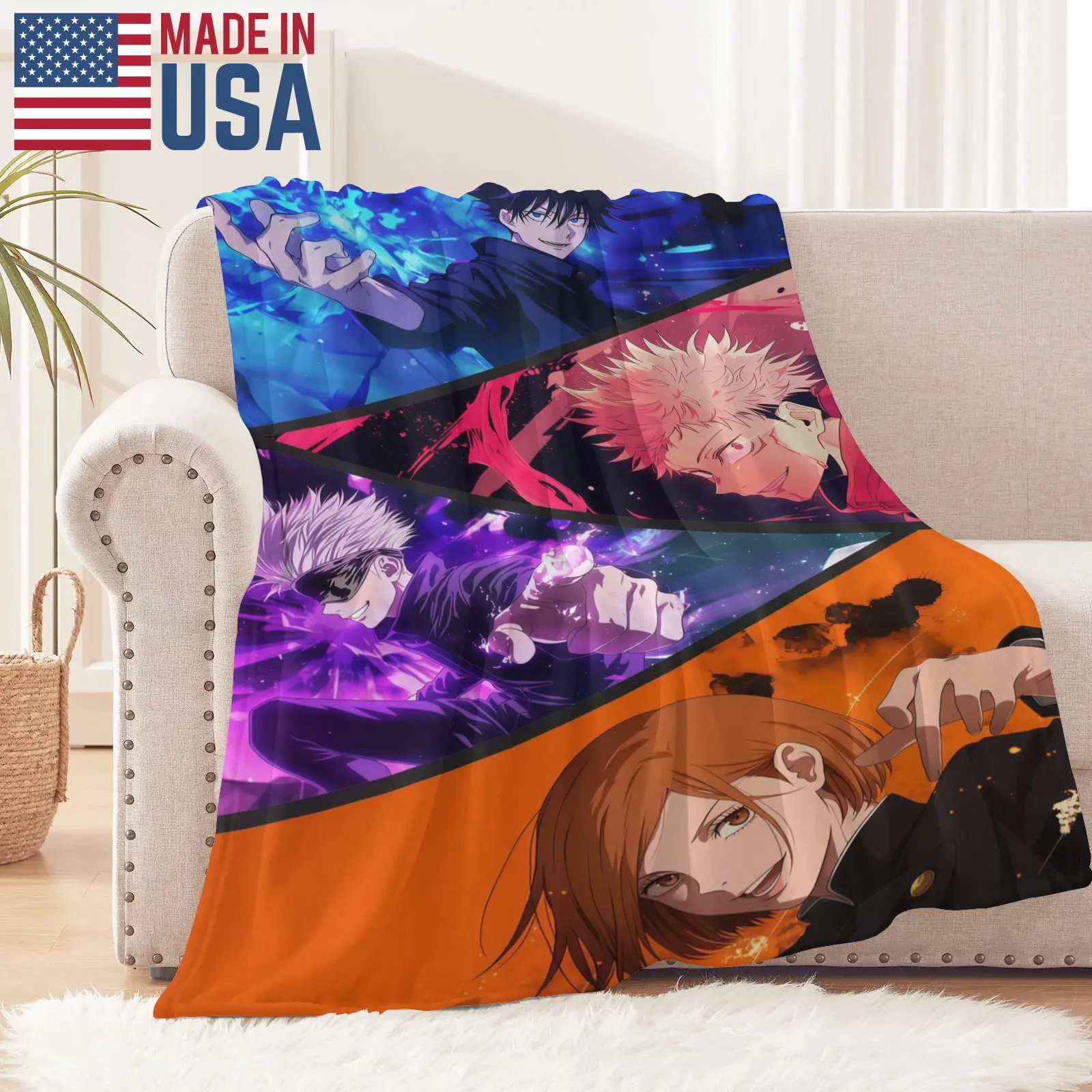 Jujutsu Kaisen Anime Fleece Throw Blanket, Gojo Yuji Megumi Nobara Character Print Soft Cozy Blanket for Bedroom Sofa Fan Gift