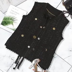 Socialite Elegant High-End Women's Top New Sleeveless Various Buttons Asymmetric Ribbon Slit Hem Round Neck Vest Casual Fit