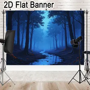 2D flat banner, 1pcMisty Blue Forest Dusk Backdrop, Ethereal Twilight Tree Stream Scene for TikTok Background Decor