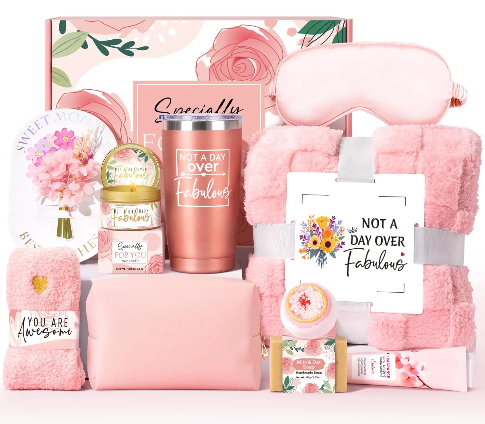 Birthday Gifts for Women Friendship, Unique Happy Birthday Gift Basket for Mom Wife Her Best Friend Sister Girlfriend Coworker W/Flannel Blanket, Luxury Self Care Box Rose Relaxing Spa Gifts Set
