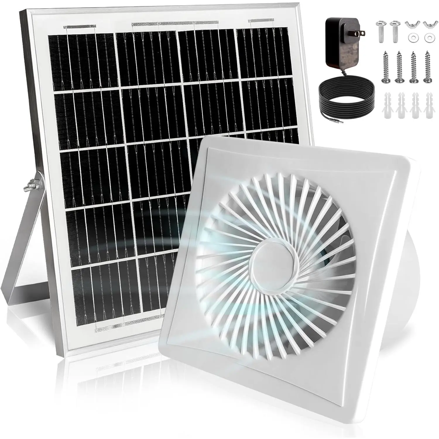 Solar Exhaust Fan, 25W Solar Panel + 8" Ventilation Vent Fan, with Power Adapter, Anti-backflow Valve, High Speed Solar Powered Exhaust Fan for Shed, Chicken Coop, Greenhouse, Dog House (White)