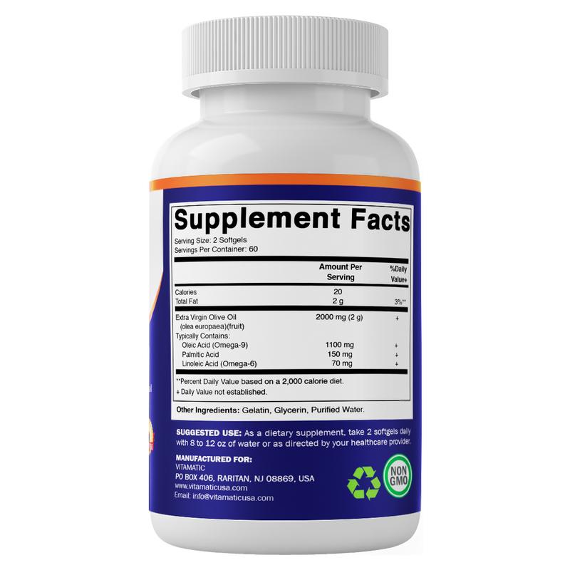 Vitamatic Extra Virgin Olive Oil 2000 mg Per Serving 120 Softgels - Great Source of Omega 6 & 9 Pure Natural Ingredients for Health