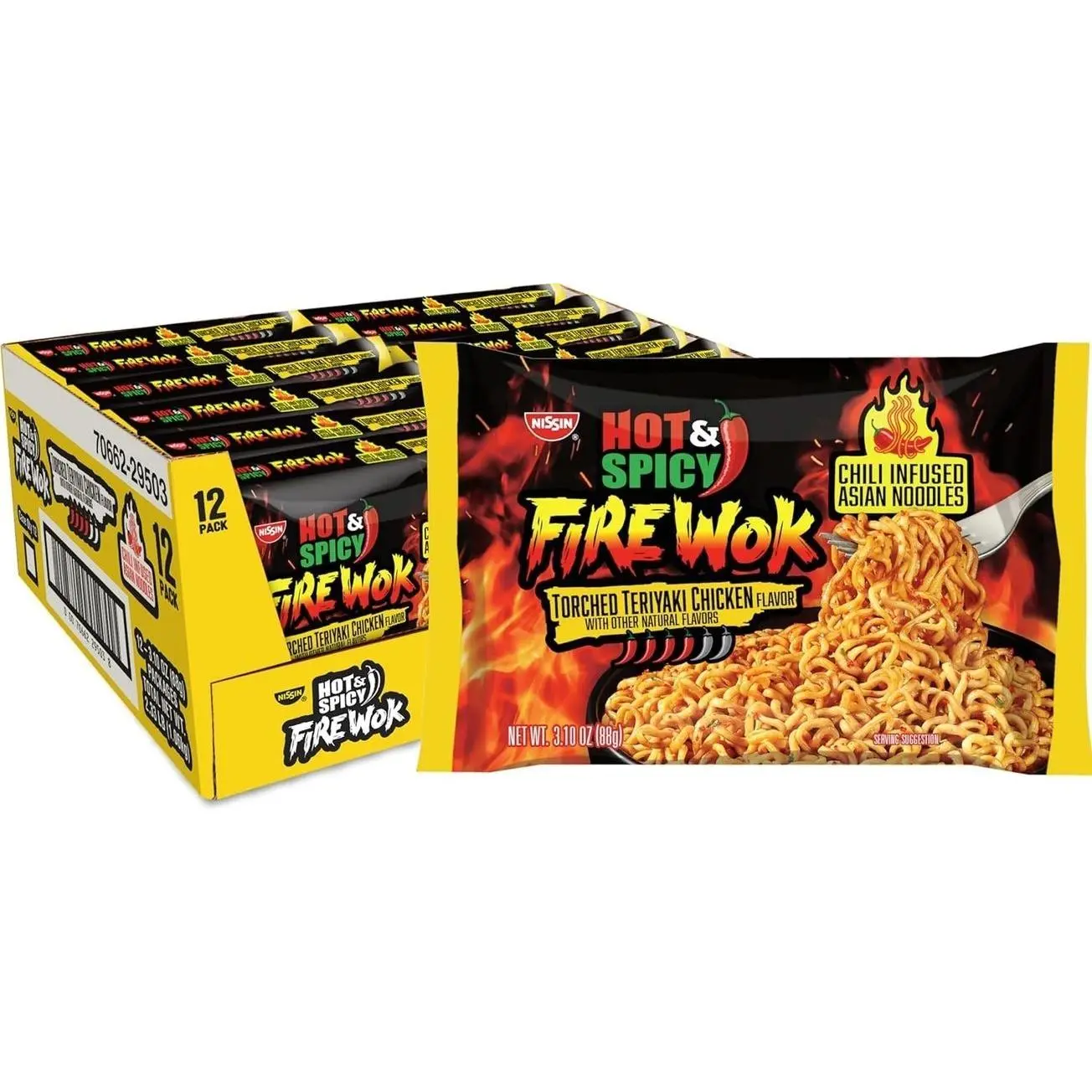 Nissin Fire Wok, Torched Teriyaki Chicken, Hot & Spicy Chile Infused Asian Noodles, 3.10 Ounce (Pack of 12)