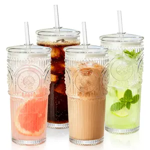 4pcs Glass Iced Coffee Cup with Lids, Glasses With Glass Straws and 4 Brushes, 24 Oz Coffee Mugs, Thickened High Borosilicate Material Glasses, Perfect For Iced Coffee, Juice, Drinks, Family And Parties