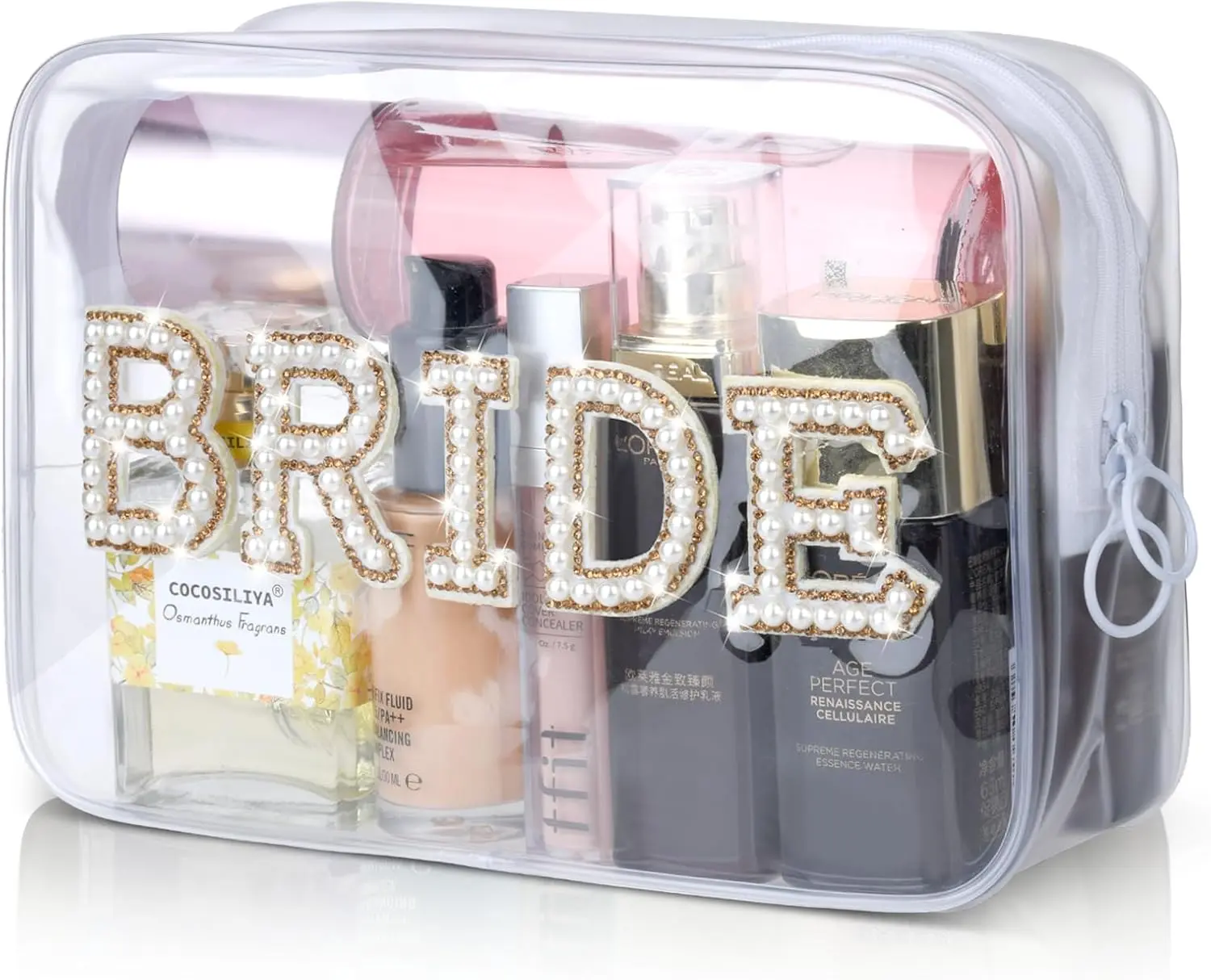 Bride Clear Makeup Bag, Bridal Shower Gifts Engagement  Bag, Bling  Rhinestone Letter Patches  PVC Travel Organizer for Women Wedding Bachelorette Party ()