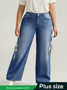 New Washed Denim Casual Wide Leg Stretchy Jeans, Long Loose Fit Pants with Pockets, Plus Size Women's Clothing, Side Waist Ribbon Detail