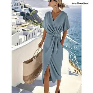 2026 Summer New Dress Commuting Fashion Satin Slit Women's Solid Color Wrap Tie Dress