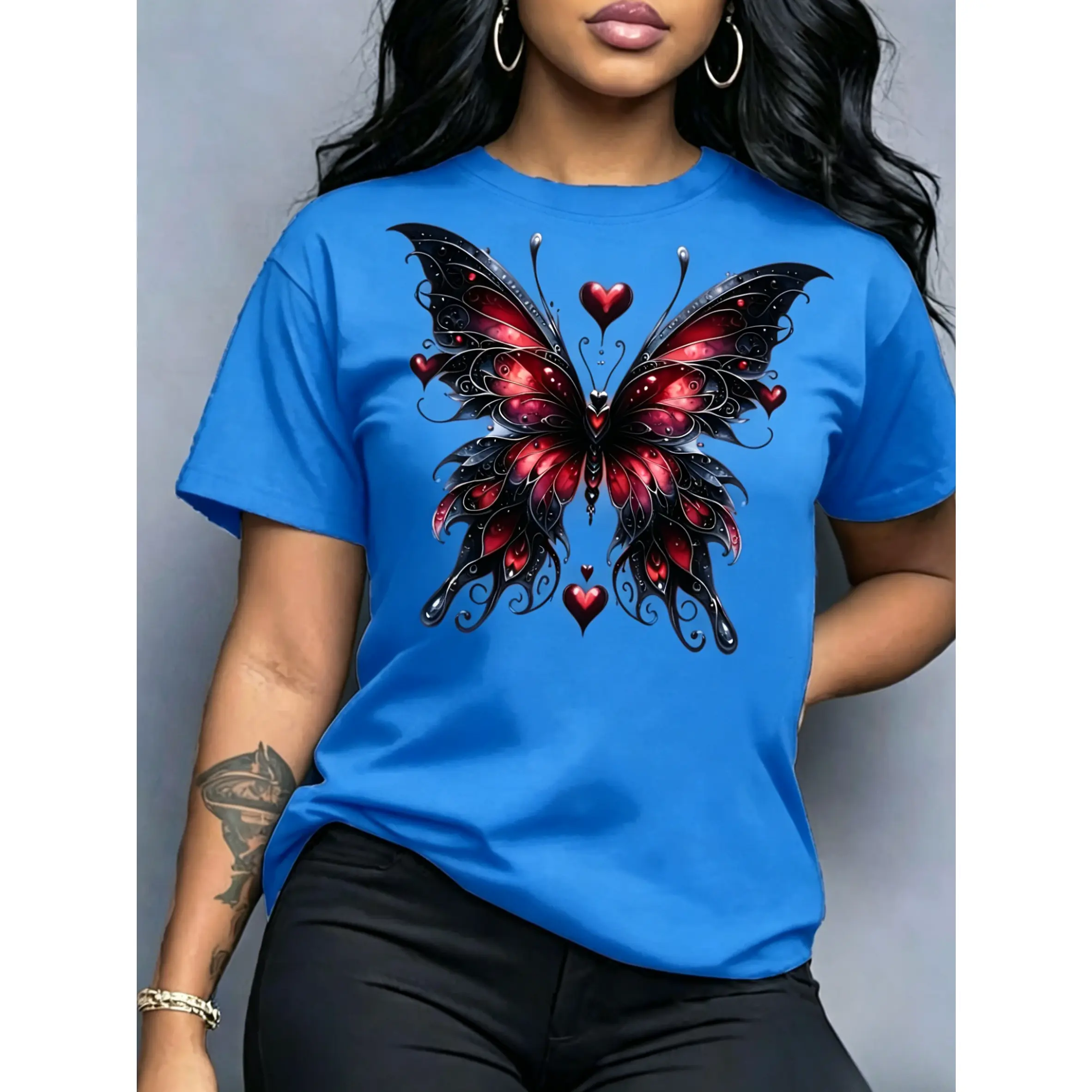 Women's Short-Sleeve Cotton Tee Tops - Dark Romantic Butterfly with Hearts Graphic, Smooth-Fit Gothic Fantasy Art Casual Wear, Breathable Cotton Fabric, Shortsleeve, Oversized, Printed, Basic, Butterfly Print, Pure Cotton
