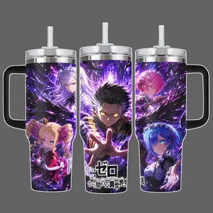 Re Zero Subaru Emilia Rem Ram Beatrice Anime Tumbler, Purple Shadow Full Wrap Stainless Steel Insulated Cup 20oz/40oz, Straw Lid Included