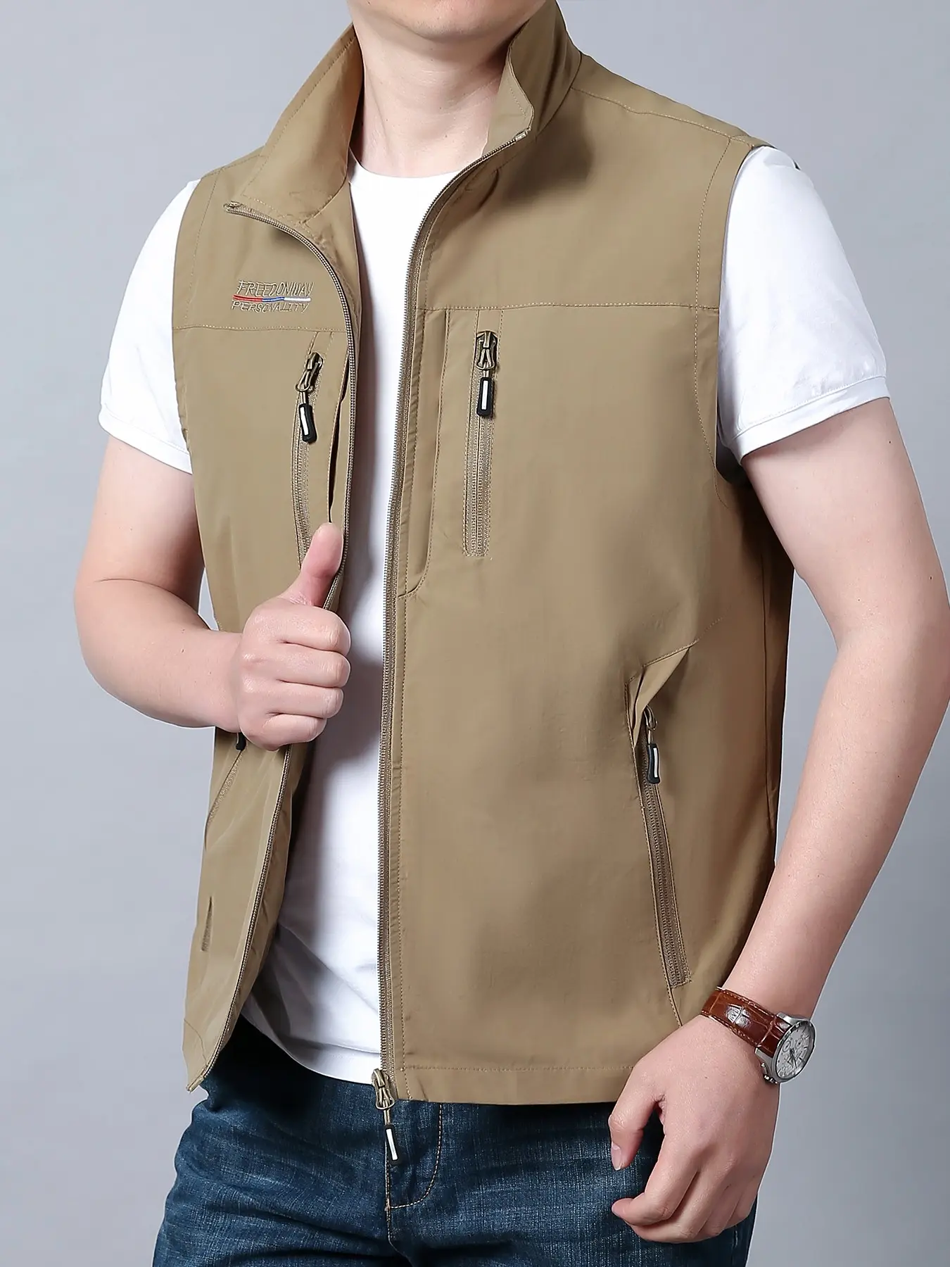 Men's Multi-Pocket Zipper Front Vest Jacket, Breathable Loose Sleeveless Outerwear, Casual Lightweight Vest, Casual Fitted Spring & Fall Waistcoat