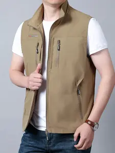 Men's Multi-Pocket Zipper Front Vest Jacket, Breathable Loose Sleeveless Outerwear, Casual Lightweight Vest, Casual Fitted Spring & Fall Waistcoat
