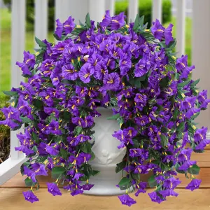 Artificial  Hanging   for Outdoor Outside Spring Summer Decoration 2 count Faux Silk UV Resistant Realistic Morning Glory Trailing Vines for  Porch Patio Balcony(Purple)