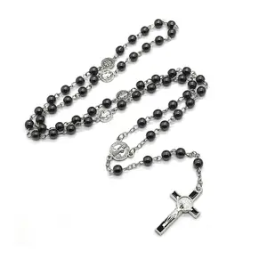 Catholic Rosary Necklace with 6mm Hematite Beads and Cross Pendant - Religious Prayer Jewelry Accessory, Bead