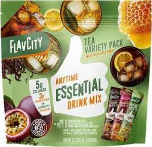 FlavCity FlavCity Anytime Essential Tea Variety Pack, Tea Drink Mix Sticks with Collagen, Fiber & Electrolytes, Black & Green Tea Flavors, Water Enhancer, 30 Count Packets